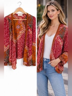 Cream Smilla Cardigan Boho Paisley Kimono Top Size 42